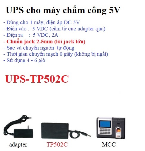 Bộ pin ups cho máy chấm công 5V UPS-TP502C, cấp nguồn lưu điện dự phòng mất điện