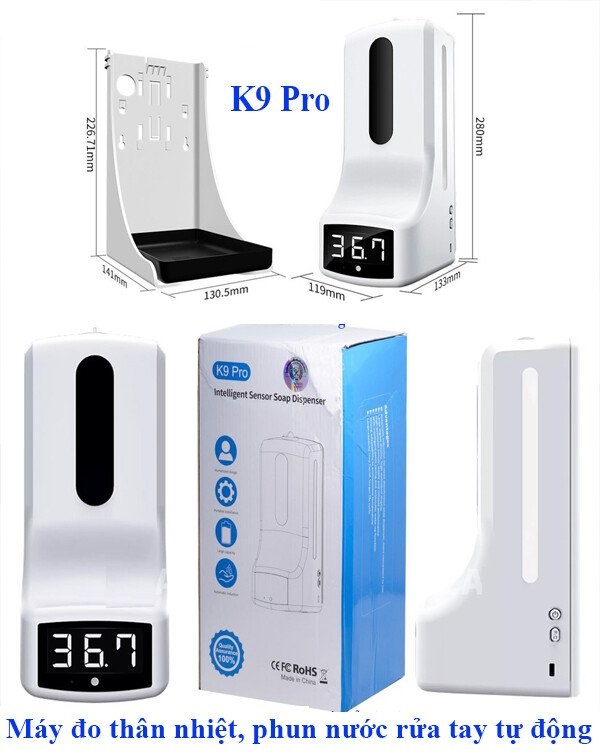 Auto Soap Dispenser Alcohol Spray Máy xịt phun rửa tay khử khuẩn tự động kết hợp đo thân nhiệt K9 Pro