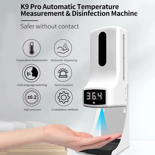 Auto Soap Dispenser Alcohol Spray Máy xịt phun rửa tay khử khuẩn tự động kết hợp đo thân nhiệt K9 Pro